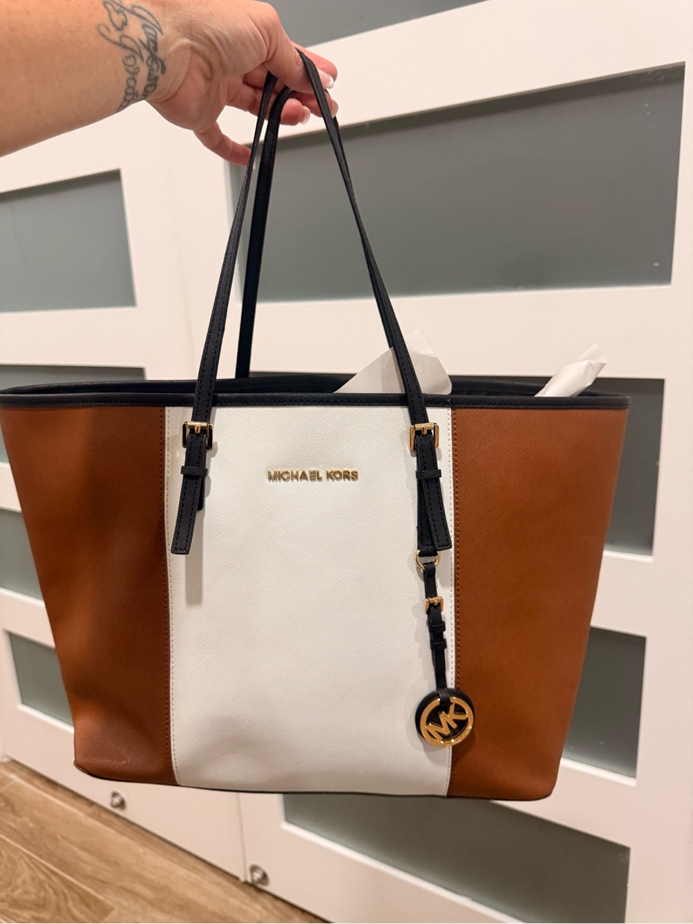 Michael Kors White, Brown & Black Colorblock Tote - Picture 1 of 11